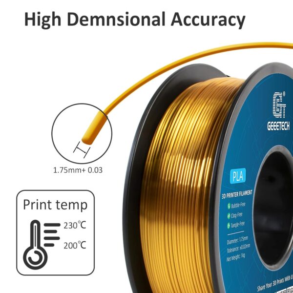 Geeetech Silk PLA Filament 1.75mm for 3D Printer , Metal-Like Shiny Consumable 1kg (2.2lbs) 1 Spool, Dimensional Accuracy +/- 0.03 mm, Silk Gold - Image 4