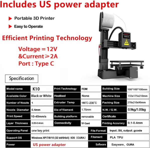 Portable 3D Printer - Compact FDM 3D Printer with Removable Build Plate, PLA & TPU Filament Compatibility, 0.4mm Nozzle, 100x100x100mm Build Volume, Easy-to-Use Design for Beginners - Image 6