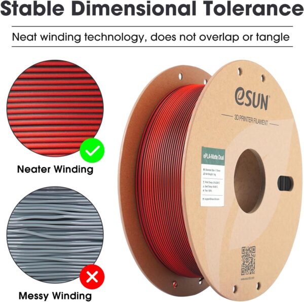 eSUN Dual Color Matte PLA Filament 1.75mm, Matte 3D Printer PLA Filament, 1KG Spool 3D Printing Filament for 3D Printers, Red Black - Image 5