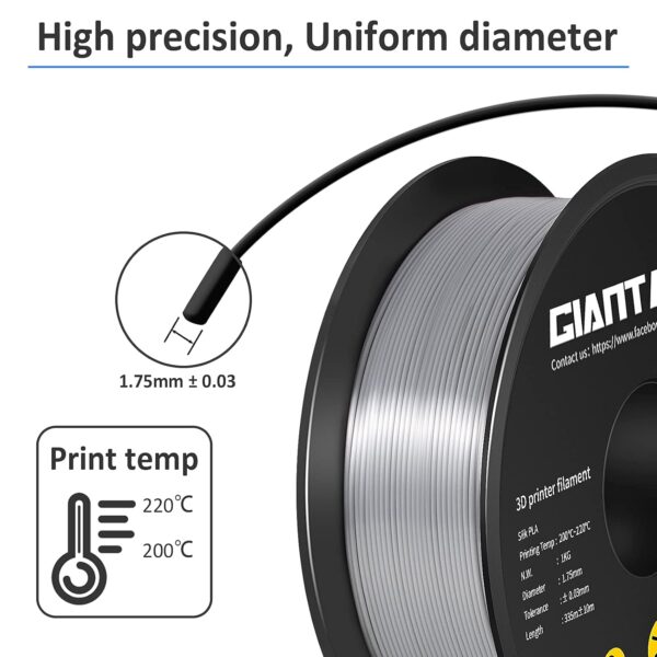 GIANTARM Silk Metallic Silver PLA 3D Printer Filament 1kg Spool, 1.75mm Dimensional Accuracy +/-0.03mm, 1080 Feet per Roll, Vacuum Packaging - Image 3