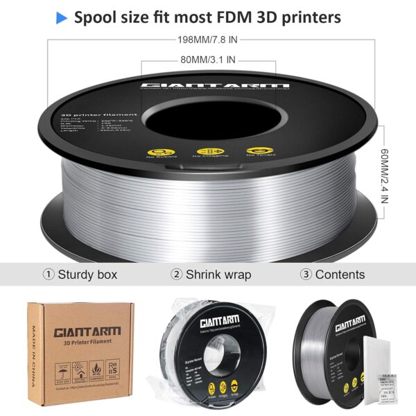 GIANTARM Silk Metallic Silver PLA 3D Printer Filament 1kg Spool, 1.75mm Dimensional Accuracy +/-0.03mm, 1080 Feet per Roll, Vacuum Packaging - Image 6