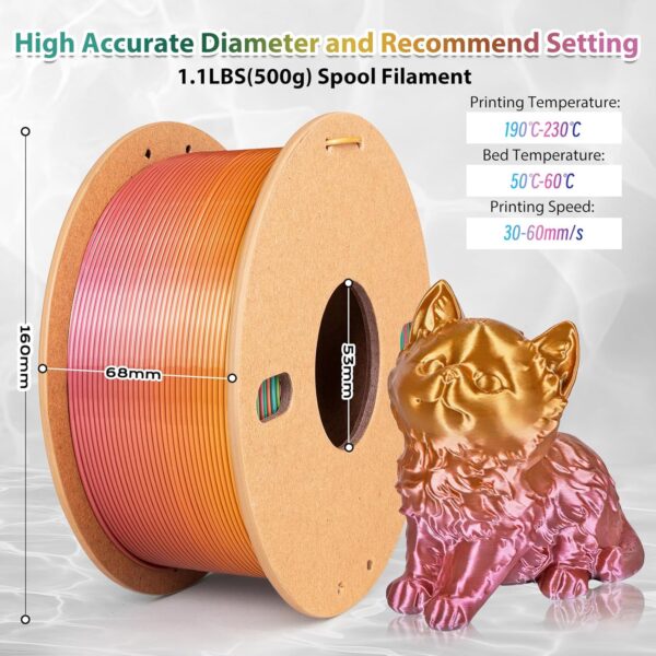 Silk Rainbow PLA Filament 1.75mm Silk PLA 3D Printer Filament Shiny Fast Color Changing Gradient Filament 3D Printing Filament Fit Most FDM Printers, 500g Spool(1.1lbs), Macaron Series - Image 6