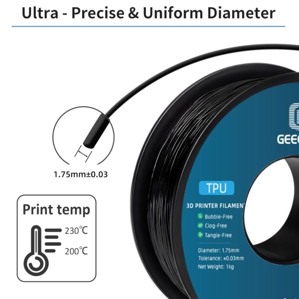 Geeetech TPU Filament 1.75mm, Shore 95A – Flexible 3D Printer Filament with High Elasticity, 1KG (2.2lbs) Spool, Dimensional Accuracy ±0.03mm, Fits Most FDM Printers (Black) - Image 4