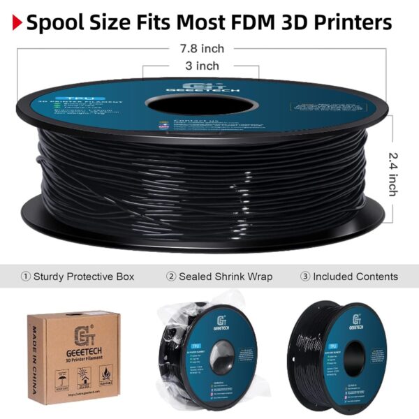 Geeetech TPU Filament 1.75mm, Shore 95A – Flexible 3D Printer Filament with High Elasticity, 1KG (2.2lbs) Spool, Dimensional Accuracy ±0.03mm, Fits Most FDM Printers (Black) - Image 8