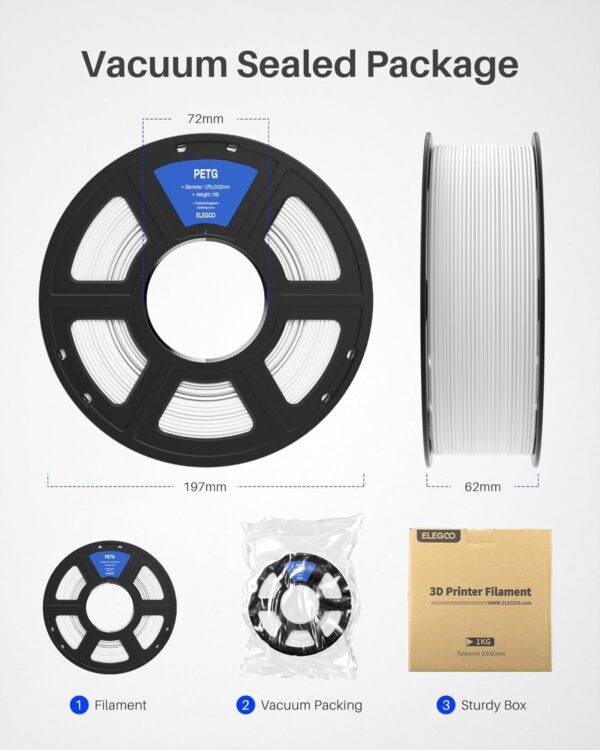 ELEGOO PETG Filament 1.75mm White 1KG, 3D Printer Filament Dimensional Accuracy +/- 0.02 mm, 1kg Spool(2.2lbs) Fits for Most FDM 3D Printers - Image 6