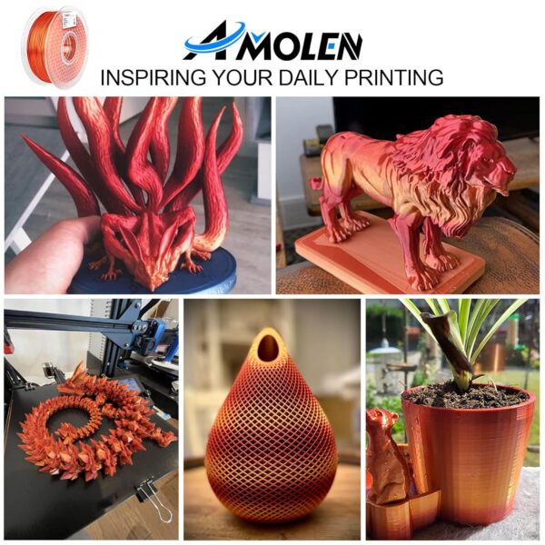 AMOLEN Silk PLA Gradient 3D Printing Filament, 1KG Spool 1.75mm Silk Shiny Red Gold Gradient Printer Filament 2.2lb Brighter New Version, Compatible with 3D Printer and 3D Pen - Image 5