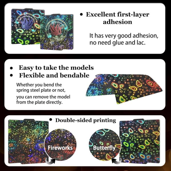 3D Printer Bambu Labs Build Plate for Bambu Lab X1C/X1/X1E/P1P/P1S/A1,Double Sided Fireworks+Butterfly Spring Steel Sheet Plate 257x257mm Flexible Removable Platform Bambu A1 3D Printer Plate. - Image 6
