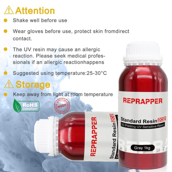 Reprapper ABS-Like 3D Printer Resin, 405nm Fast UV-Curing 1kg Gray 3D Printing Photopolymer Sensitive Resin for LCD Printer, Grey 1000g - Image 4