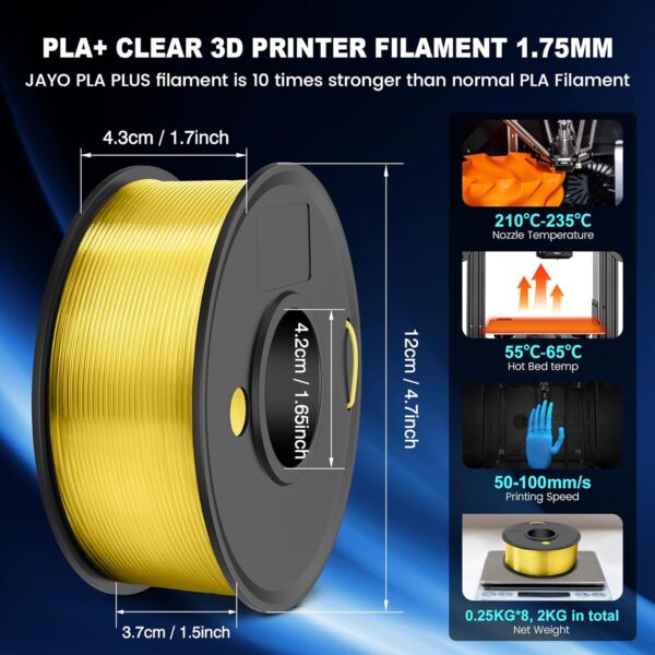 JAYO PLA+ Filament Bundle 1.75mm, 3D Printer Filament Bundle Multicolor, Individually Vacuum Packed, 250g Spool, 8 Pack, 2KG in Total, Black+White+Transparent+Clear(Blue+Red+Orange+Yellow+Purple) - Image 3
