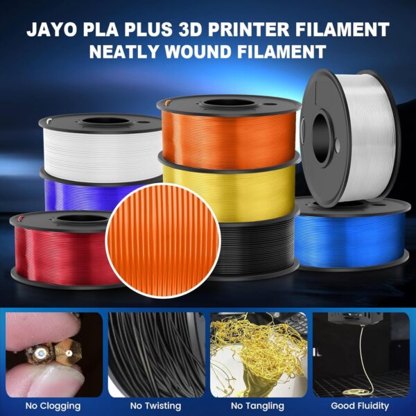 JAYO PLA+ Filament Bundle 1.75mm, 3D Printer Filament Bundle Multicolor, Individually Vacuum Packed, 250g Spool, 8 Pack, 2KG in Total, Black+White+Transparent+Clear(Blue+Red+Orange+Yellow+Purple) - Image 5