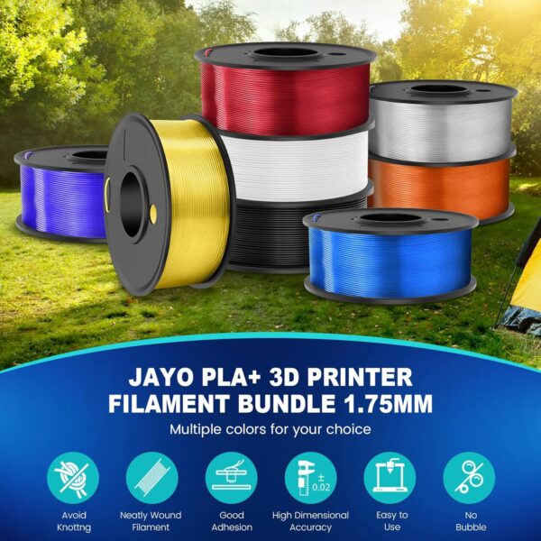 JAYO PLA+ Filament Bundle 1.75mm, 3D Printer Filament Bundle Multicolor, Individually Vacuum Packed, 250g Spool, 8 Pack, 2KG in Total, Black+White+Transparent+Clear(Blue+Red+Orange+Yellow+Purple) - Image 7