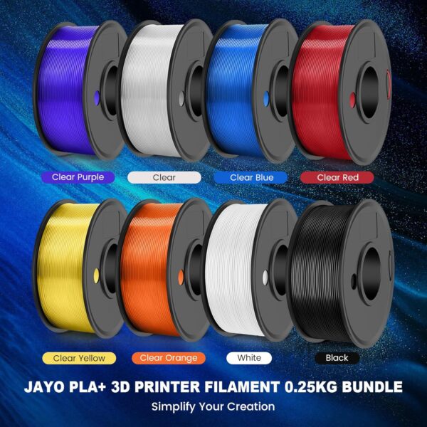 JAYO PLA+ Filament Bundle 1.75mm, 3D Printer Filament Bundle Multicolor, Individually Vacuum Packed, 250g Spool, 8 Pack, 2KG in Total, Black+White+Transparent+Clear(Blue+Red+Orange+Yellow+Purple) - Image 8