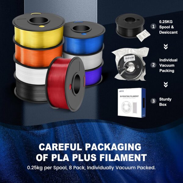 JAYO PLA+ Filament Bundle 1.75mm, 3D Printer Filament Bundle Multicolor, Individually Vacuum Packed, 250g Spool, 8 Pack, 2KG in Total, Black+White+Transparent+Clear(Blue+Red+Orange+Yellow+Purple) - Image 9