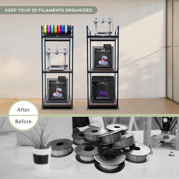 PT2 3D Printer Stand Rack, 3 Tier Heavy Duty 3D Printer Rack with Filament Organizer, Large Capacity for 3D Printers and Printing Filaments Storage with Wheels - Image 3