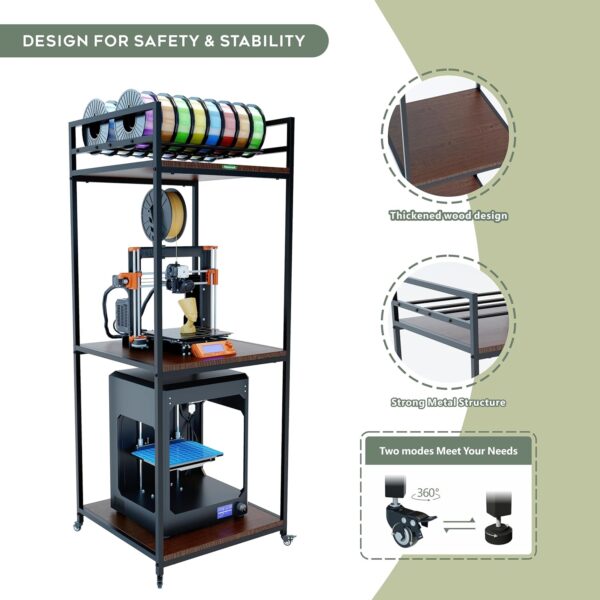 PT2 3D Printer Stand Rack, 3 Tier Heavy Duty 3D Printer Rack with Filament Organizer, Large Capacity for 3D Printers and Printing Filaments Storage with Wheels - Image 5