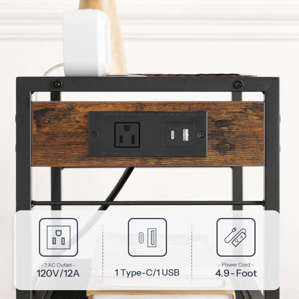 HOOBRO Industrial Printer Stand, 3-Tier Mobile Printer Table, Rolling Cart with Power Outlets and USB Ports, Home Printer Stand with 2 Hooks, for Office, Living Room, Rustic Brown BF22UPS01 - Image 3