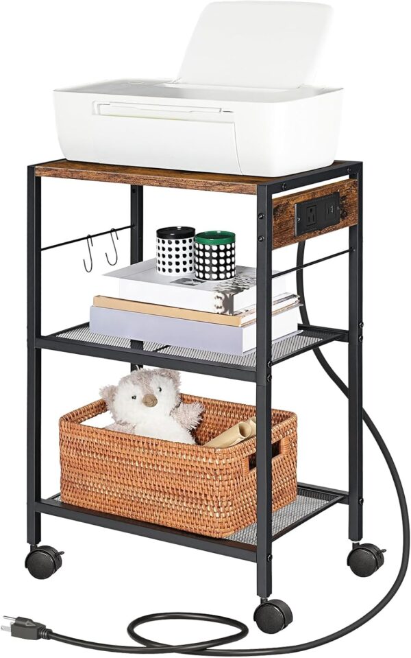 HOOBRO Industrial Printer Stand, 3-Tier Mobile Printer Table, Rolling Cart with Power Outlets and USB Ports, Home Printer Stand with 2 Hooks, for Office, Living Room, Rustic Brown BF22UPS01 - Image 4