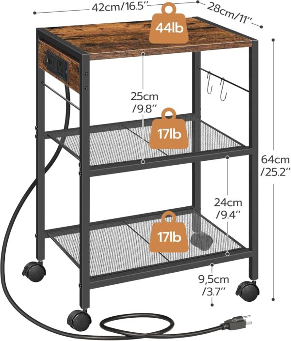 HOOBRO Industrial Printer Stand, 3-Tier Mobile Printer Table, Rolling Cart with Power Outlets and USB Ports, Home Printer Stand with 2 Hooks, for Office, Living Room, Rustic Brown BF22UPS01 - Image 7