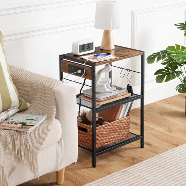 HOOBRO Industrial Printer Stand, 3-Tier Mobile Printer Table, Rolling Cart with Power Outlets and USB Ports, Home Printer Stand with 2 Hooks, for Office, Living Room, Rustic Brown BF22UPS01 - Image 9