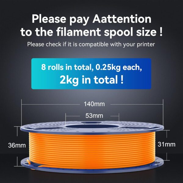 SUNLU 3D Printer Filament Pack, 0.25kg Each Spool, Total 2kg, Mini Spool, PLA+ Filament 1.75mm, 8 Packs, Black+White+Grey+Blue+Green+Red+Orange+PureYellow - Image 3
