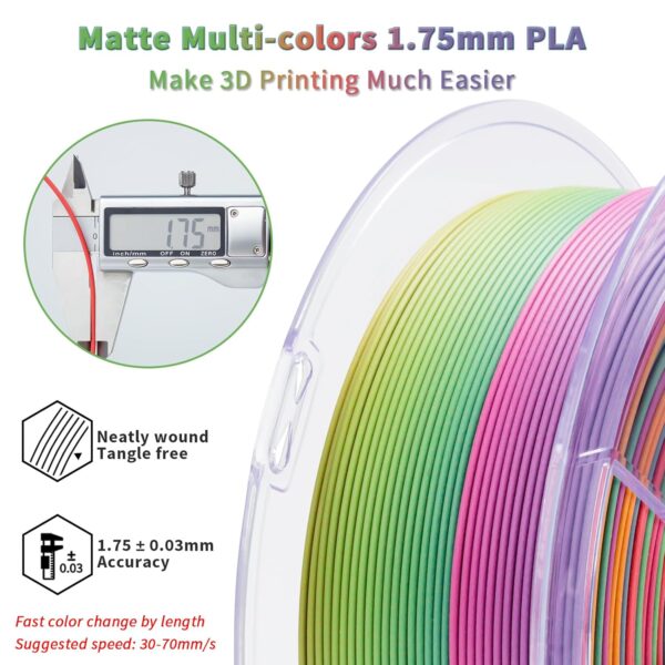 ZIRO 3D Printer Filament PLA, Fast Color Changing Filament(Matte), Color Change by Length PLA, Fit Most FDM 3D Printers, Matte Finish 1KG/ 2.2lbs Spool, Rainbow Blaze - Image 4