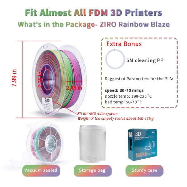 ZIRO 3D Printer Filament PLA, Fast Color Changing Filament(Matte), Color Change by Length PLA, Fit Most FDM 3D Printers, Matte Finish 1KG/ 2.2lbs Spool, Rainbow Blaze - Image 5