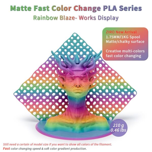 ZIRO 3D Printer Filament PLA, Fast Color Changing Filament(Matte), Color Change by Length PLA, Fit Most FDM 3D Printers, Matte Finish 1KG/ 2.2lbs Spool, Rainbow Blaze - Image 6