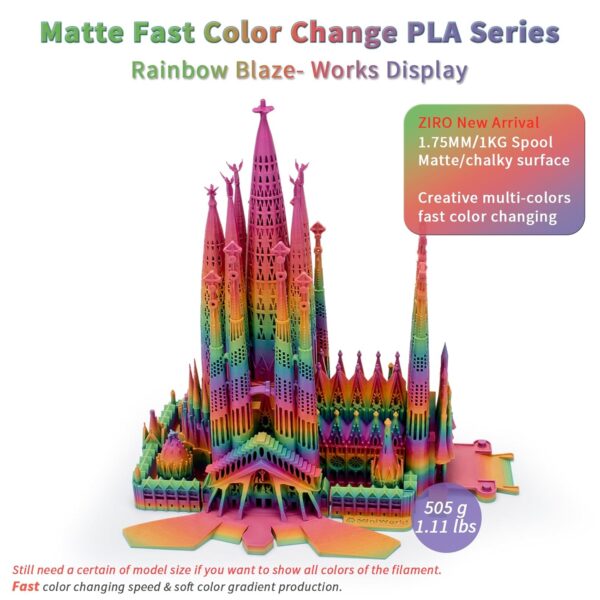 ZIRO 3D Printer Filament PLA, Fast Color Changing Filament(Matte), Color Change by Length PLA, Fit Most FDM 3D Printers, Matte Finish 1KG/ 2.2lbs Spool, Rainbow Blaze - Image 8