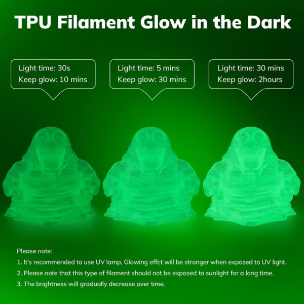 AMOLEN 95A TPU 3D Printer Filament, 1.75mm Glow in The Dark Green, Soft TPU Flexible 3D Printing Filament, High Hardness & Resilience, Best with UV Lamps, 1kg Spool(2.2lbs), Fit Most 3D Printers - Image 4
