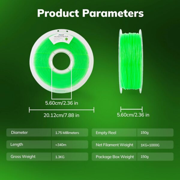 AMOLEN 95A TPU 3D Printer Filament, 1.75mm Glow in The Dark Green, Soft TPU Flexible 3D Printing Filament, High Hardness & Resilience, Best with UV Lamps, 1kg Spool(2.2lbs), Fit Most 3D Printers - Image 7