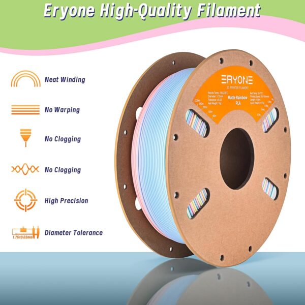 ERYONE Matte Rainbow 3D Printer PLA Filament 1.75 +/- 0.03mm, Matte Muticolor Filament PLA 1KG(2.2LBS) Spool, Matte Macaron Rainbow - Image 4