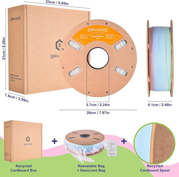 ERYONE Matte Rainbow 3D Printer PLA Filament 1.75 +/- 0.03mm, Matte Muticolor Filament PLA 1KG(2.2LBS) Spool, Matte Macaron Rainbow - Image 6