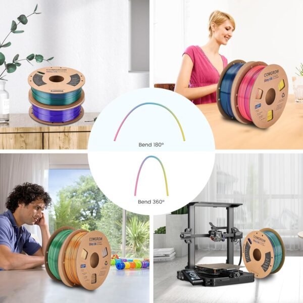 Comgrow Tri-Colors Silk PLA 3D Printer Filament, Rainbow PLA Filament 1.75mm, Dimensional Accuracy +/- 0.02 mm, 1KG Spool, Coextrusion 3D Filament with Shiny Silk Red-Blue-Yellow - Image 7