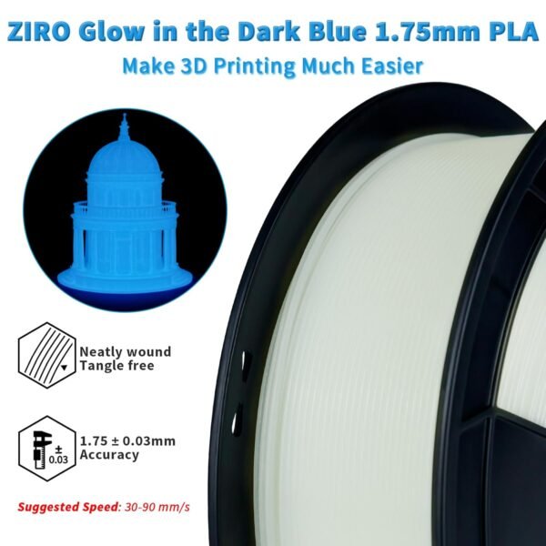 ZIRO Glow in The Dark Filament, PLA Filament 1.75mm, Luminous 3D Printer Material, Strong Glow Effect 1KG(2.2lbs) Spool, Dimensional Accuracy +/- 0.03mm, fit Most FDM 3D Printers, Blue - Image 4