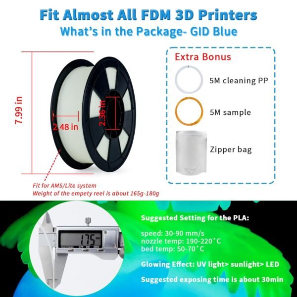 ZIRO Glow in The Dark Filament, PLA Filament 1.75mm, Luminous 3D Printer Material, Strong Glow Effect 1KG(2.2lbs) Spool, Dimensional Accuracy +/- 0.03mm, fit Most FDM 3D Printers, Blue - Image 5