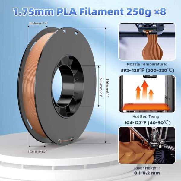 8-Color PLA Filament Bundle for 3D Printers 1.75 mm, 8 Pack Filament Refills, 269 FT 250 g Per Spool, 2 kg in Total, White, Black, Red, Green, Yellow, Pink, Orange Yellow, Brown - Image 4