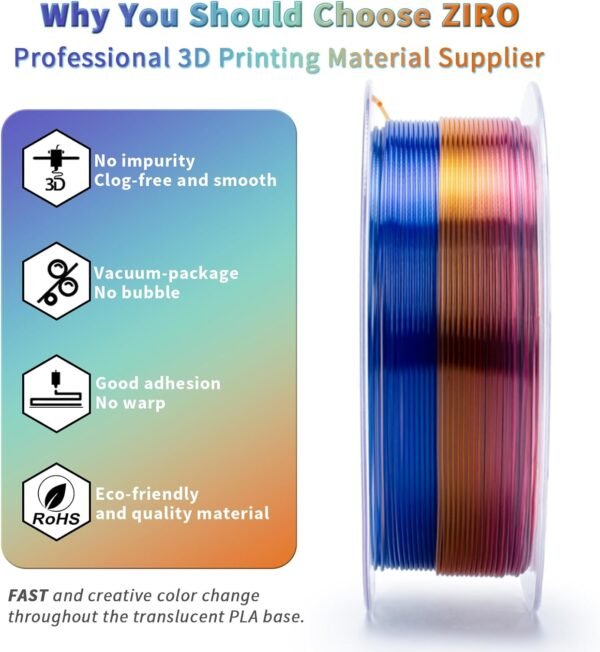 ZIRO Fast Color Changing PLA, Transluent Multicolor Filament 1.75mm, 3D Printing Material, 1kg Spool, Dimensional Accuracy +/-0.03mm, Fit Most 3D Printers, Crystal Prism - Image 3
