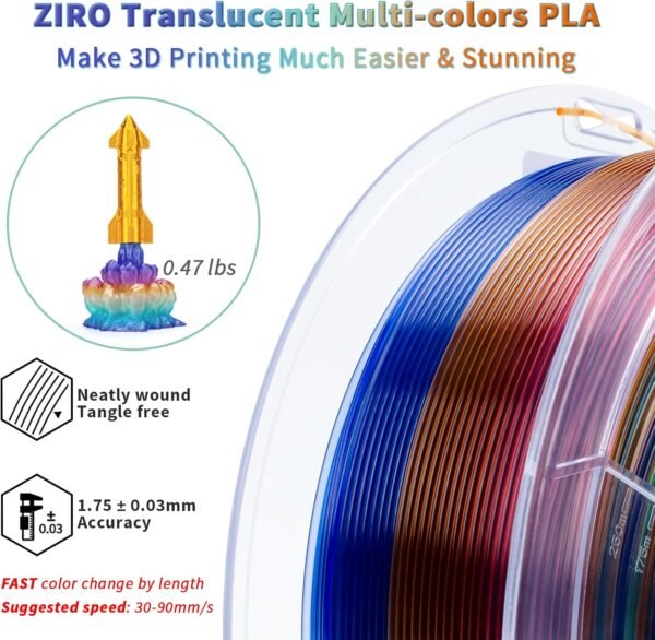 ZIRO Fast Color Changing PLA, Transluent Multicolor Filament 1.75mm, 3D Printing Material, 1kg Spool, Dimensional Accuracy +/-0.03mm, Fit Most 3D Printers, Crystal Prism - Image 4