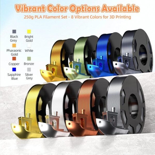 8-Color Silk PLA Filament Bundle for 3D Printers (1.75mm, 250g/Spool, 272 FT Total) - Black Grey, Bright Gold, Pharaonic Gold, White, Copper, Bronze, Sapphire Blue, Silver Grey, Low Warping, 2 kg - Image 3