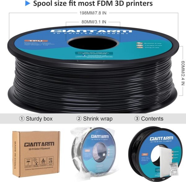 GIANTARM TPU Filament 1.75mm Flexible Soft 3D Printer Consumables Black,95A 1kg Spool (2.2 lbs.), Dimensional Accuracy +/- 0.05 mm - Image 6