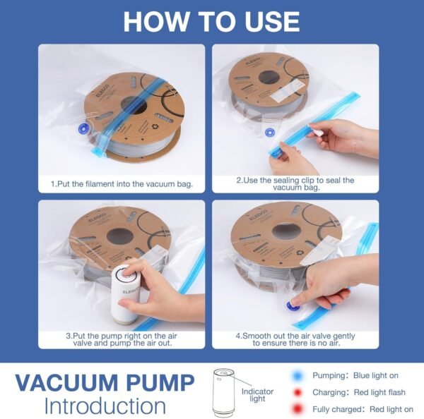 ELEGOO Filament Vacuum Storage Kit with Auto Pump, 30 Pack Vacuum Sealed Bags in 2 Sizes for Keeping 3D Printer Filament Dry(13.8 * 12.6 inch, 13.4 * 11.8 inch) - Image 7