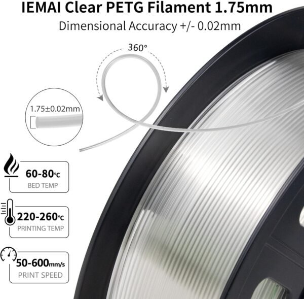 IEMAI Clear PETG Filament 1.75mm, Crystal Transparent 3D Printer Filament Up to 600mm/s Fast Printing, 1kg/2.2 lbs Spool, Designed for Home Decor & Creative Projects - Image 4