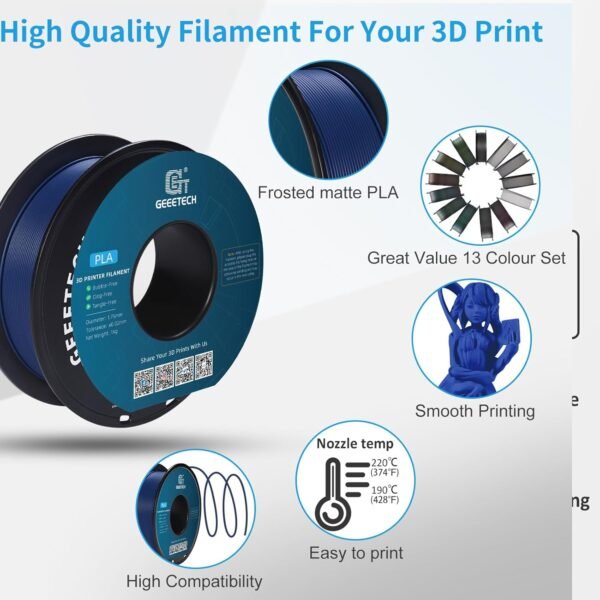 GEEETECH Matte PLA Filament 1.75mm,Navy Blue PLA Matte 3D Printer Filament 1kg Spool (2.2lbs),Dimensional Accuracy +/- 0.02 mm,1.75 PLA Filament Matte 3D Printing Filament - Image 3