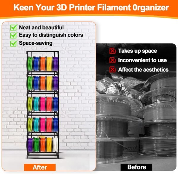 GRETJOB 10-Tier 3D Printer Filament Storage Rack – Heavy-Duty Metal Spool Holder, Holds 60 Filament Rolls, Modular Shelves, Tool-Free Assembly - Image 3