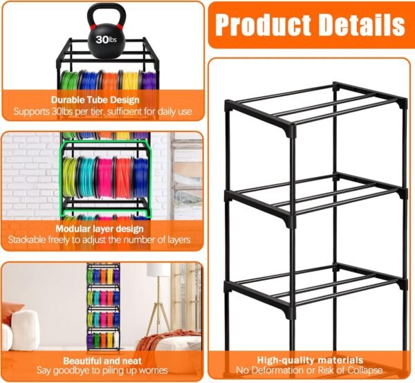 GRETJOB 10-Tier 3D Printer Filament Storage Rack – Heavy-Duty Metal Spool Holder, Holds 60 Filament Rolls, Modular Shelves, Tool-Free Assembly - Image 4