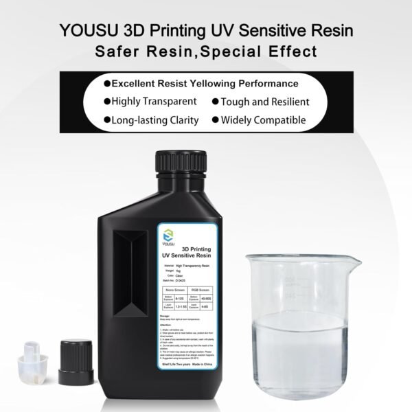 YOUSU High Transparency 3D Printer Resin, Non-Yellowing High Resolution 3D Printing Resin, Ultra-Clear 1000g - Image 3