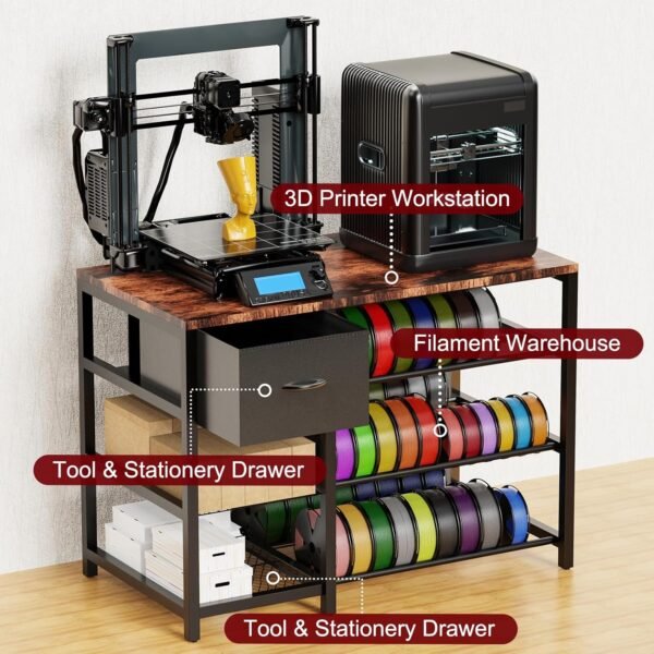 3D Printer Stand and Filament Storage Rack with Wheels, 3D Printer Table with Drawer and 3-Tier Metal Filament Holder, Printer Filament Stand Organized for Office Workshop Studio Office - Image 4