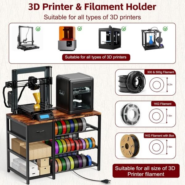 3D Printer Stand and Filament Storage Rack with Wheels, 3D Printer Table with Drawer and 3-Tier Metal Filament Holder, Printer Filament Stand Organized for Office Workshop Studio Office - Image 8