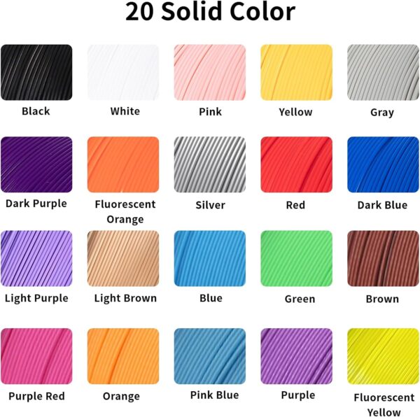 20 Colors PLA 1.75mm 3D Pen Filament Refills ‌(Solid & Dual-Tone) - 5M per Spool with 3D Stencil Booklet, Compatible with Most 3D Pens (5m Each, 20 Solid Colors) - Image 2