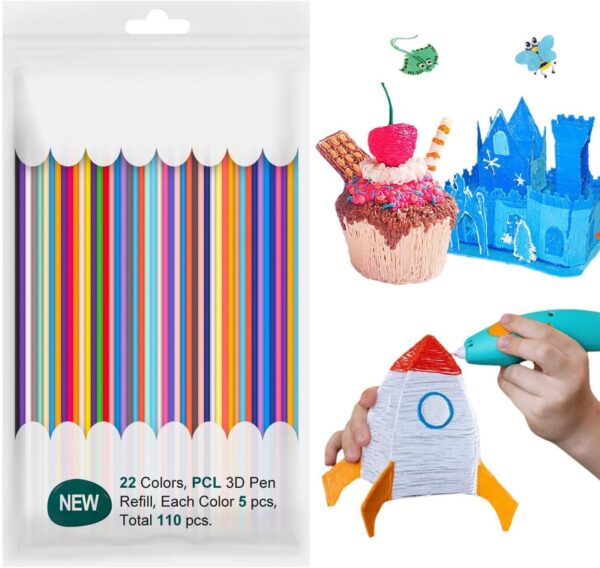 22 Colors 3D Pen Filament Refills, 2.5mm 3D Print Filament, 3D Pen Low Printing Temperature PCL Filament Start Refills Packs, Refill Filament Bundle for 3D Printing Pens 3D Printer